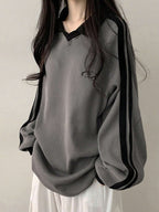 Contrast Color Block Striped Long Sleeve Casual Letter Print Sweatshirt, Collegiate Style, Long Sleeve Tops