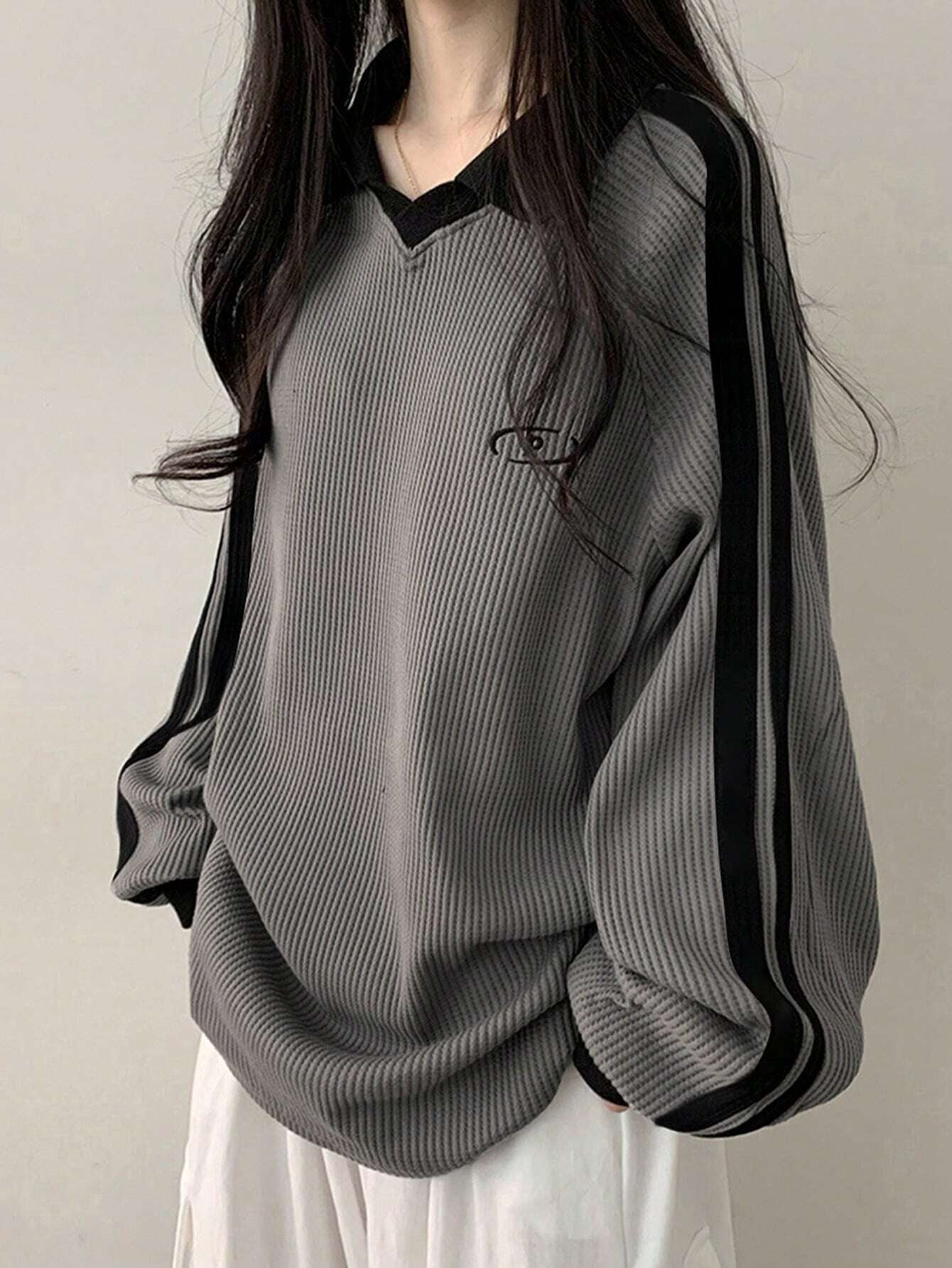 Contrast Color Block Striped Long Sleeve Casual Letter Print Sweatshirt, Collegiate Style, Long Sleeve Tops