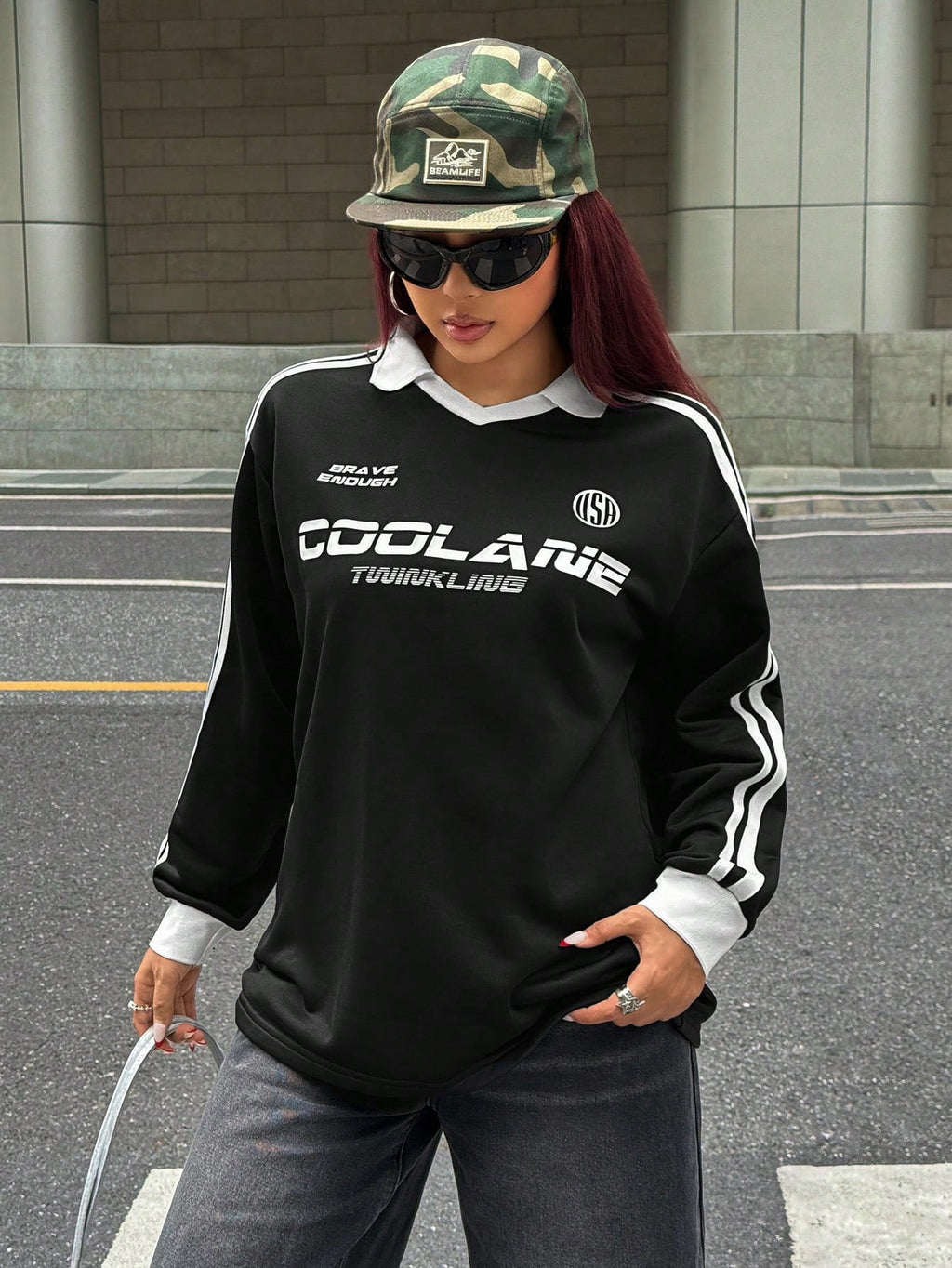 Fall/Winter Casual/Going Out V-Neck Banded Texture Decoration Black Baggy Sport Sweatshirt