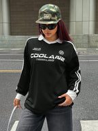 Fall/Winter Casual/Going Out V-Neck Banded Texture Decoration Black Baggy Sport Sweatshirt