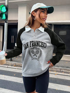 Letter Graphic Contrast Collar Raglan Sleeve Polo Neck Sweatshirt