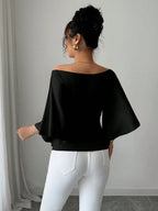 Solid Color Boat Neck Flare Sleeve Knit Fashion T-Shirt