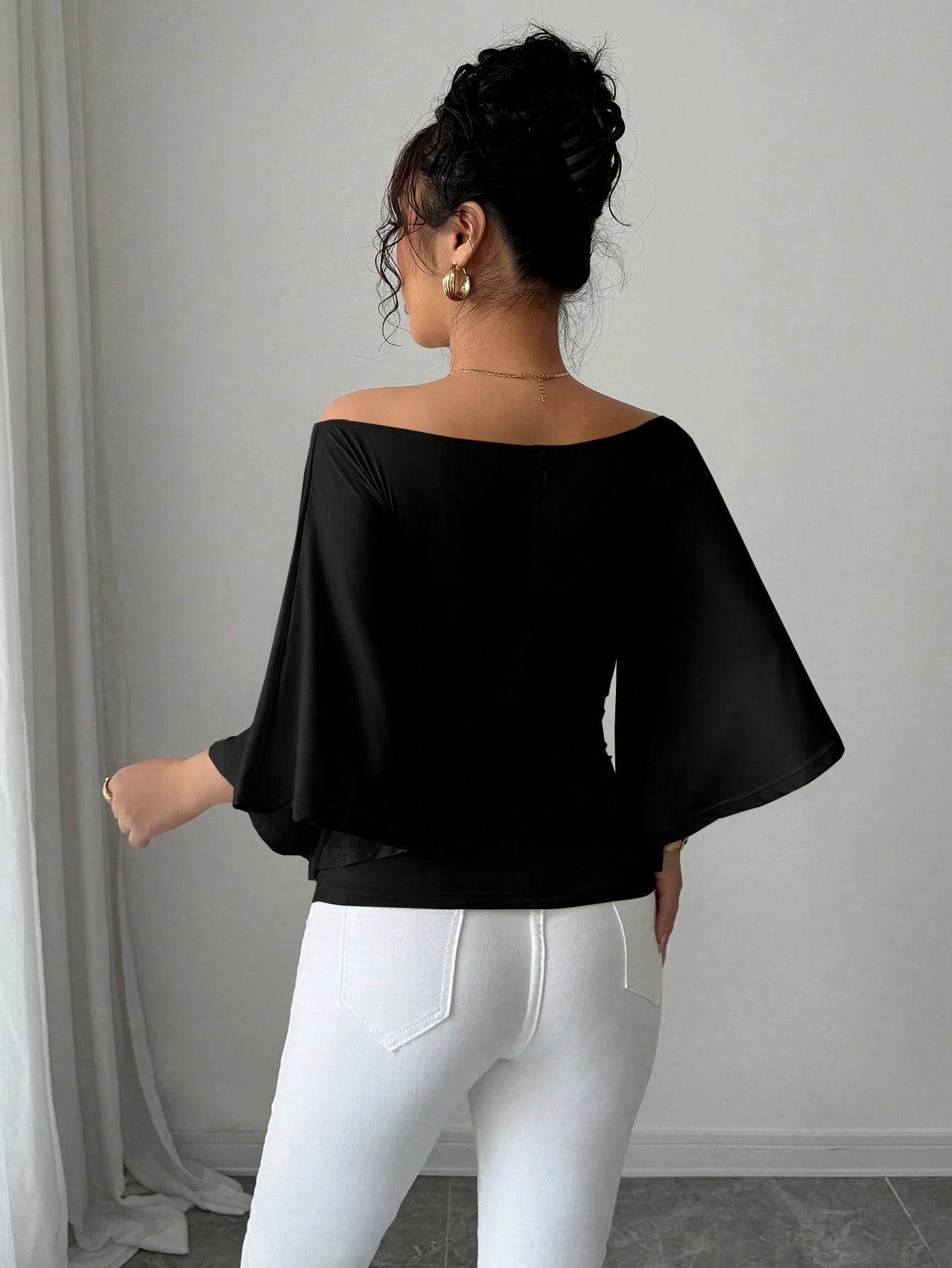 Solid Color Boat Neck Flare Sleeve Knit Fashion T-Shirt