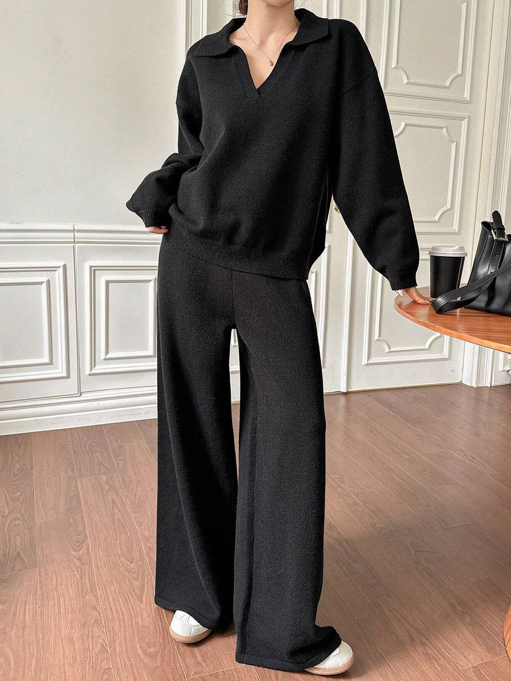 Casual Solid Color Turndown Collar Loose Sweater And Wide Leg Pants 2 Pieces Set