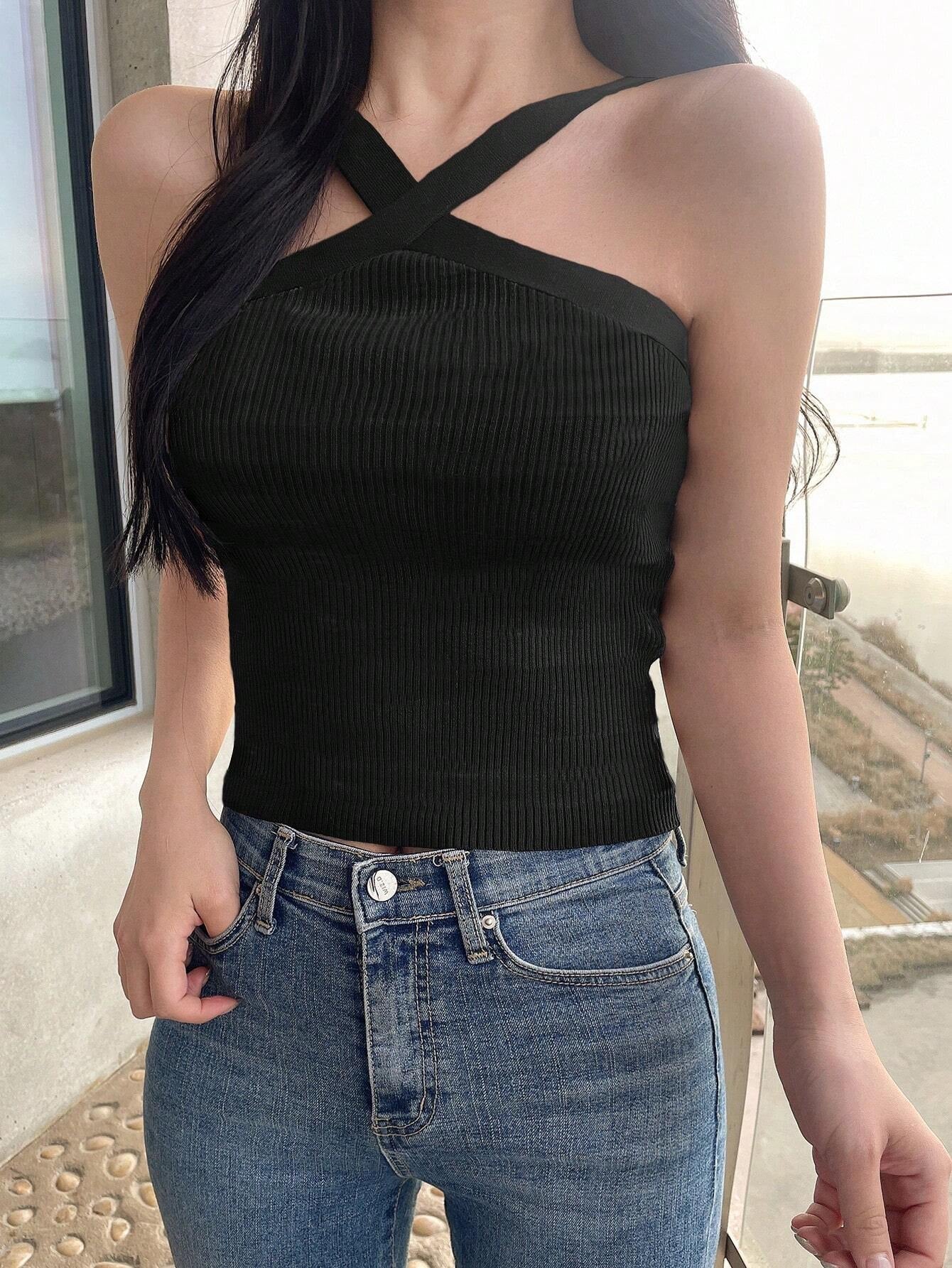 Striped Halter Neck Fitted Knit Top