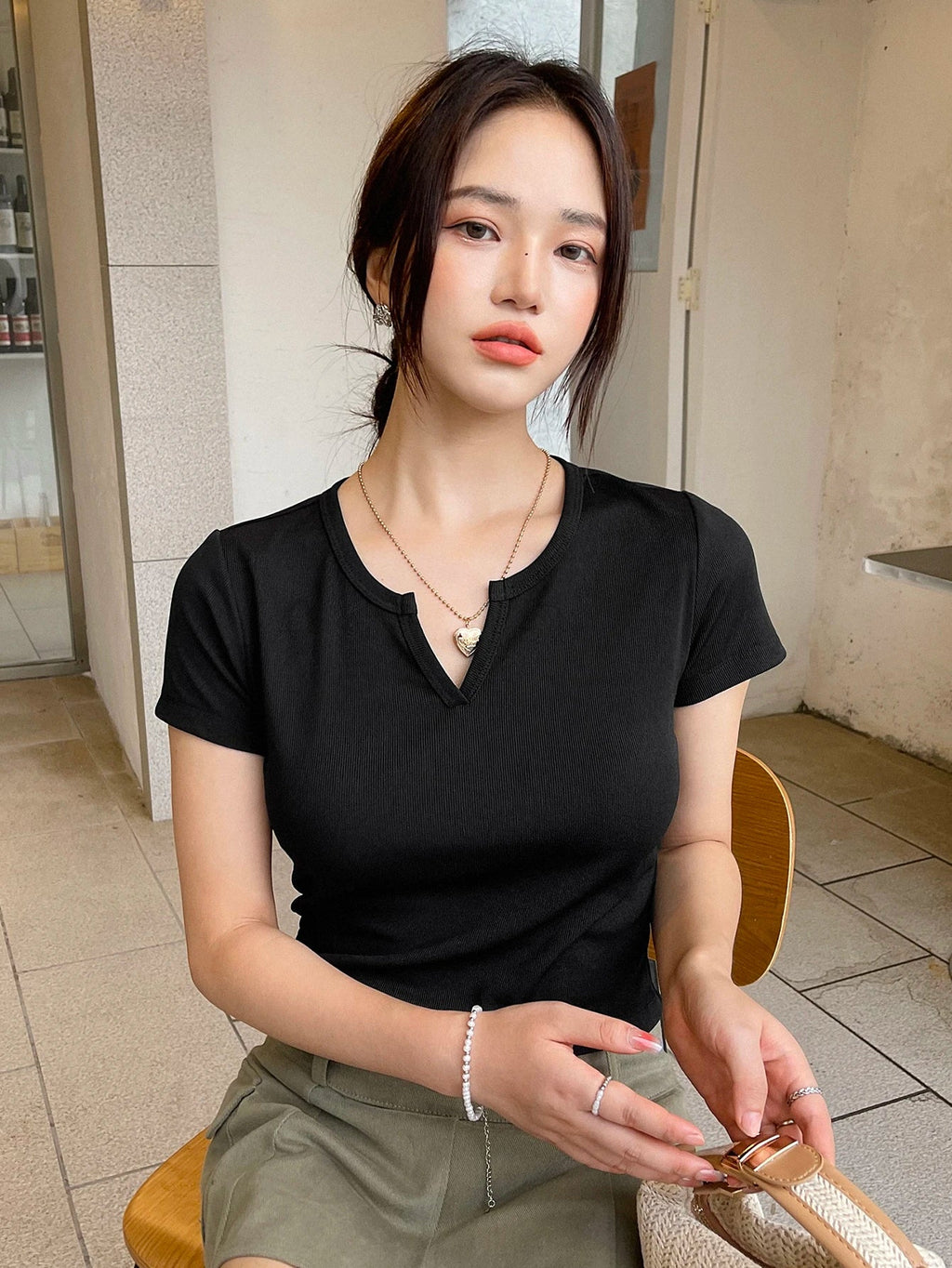 Ribbed Knit Notched Neck Tee