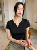 Ribbed Knit Notched Neck Tee