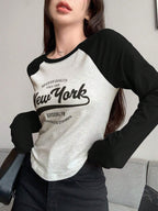 Contrast Raglan Sleeve Letter Graphic Curved Hem Tee