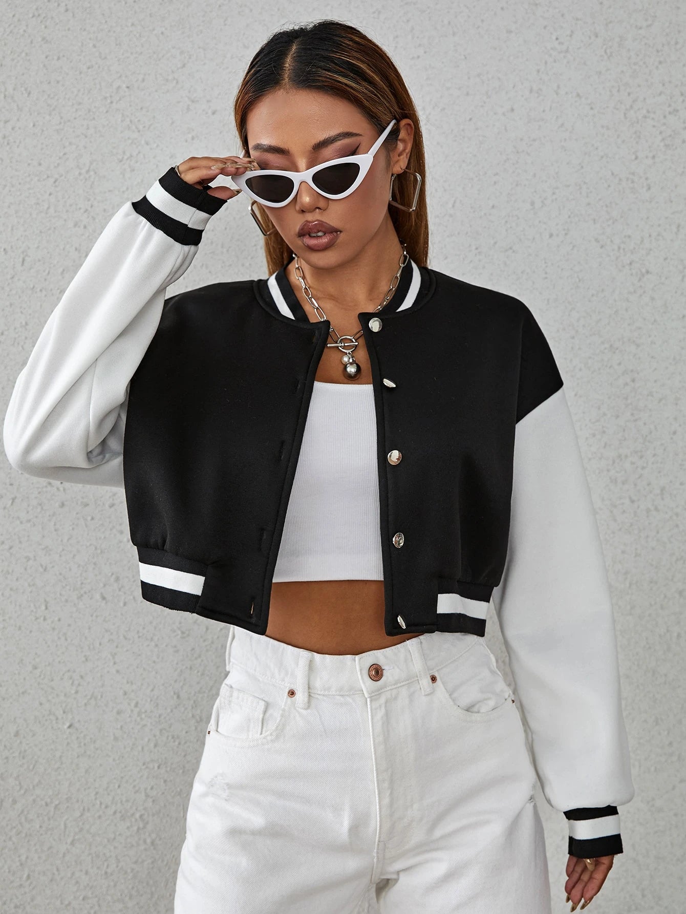 Drop Shoulder Two Tone Crop Varsity Jacket Fall Winter Cloth For Women