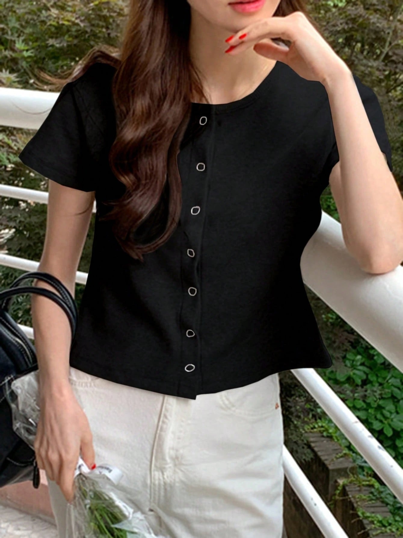 Solid Round Neck Form-Fitting Short Sleeve Cardigan T-Shirt