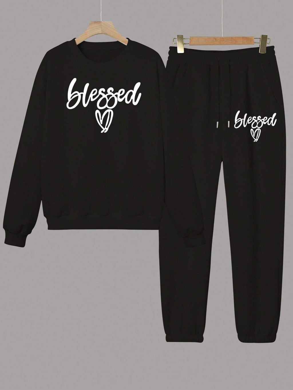 Two-Piece Fashion Warm Plus Fleece Round Neck Sweatshirt + Sports Sweatpants Simple Letter Print