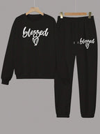 Two-Piece Fashion Warm Plus Fleece Round Neck Sweatshirt + Sports Sweatpants Simple Letter Print