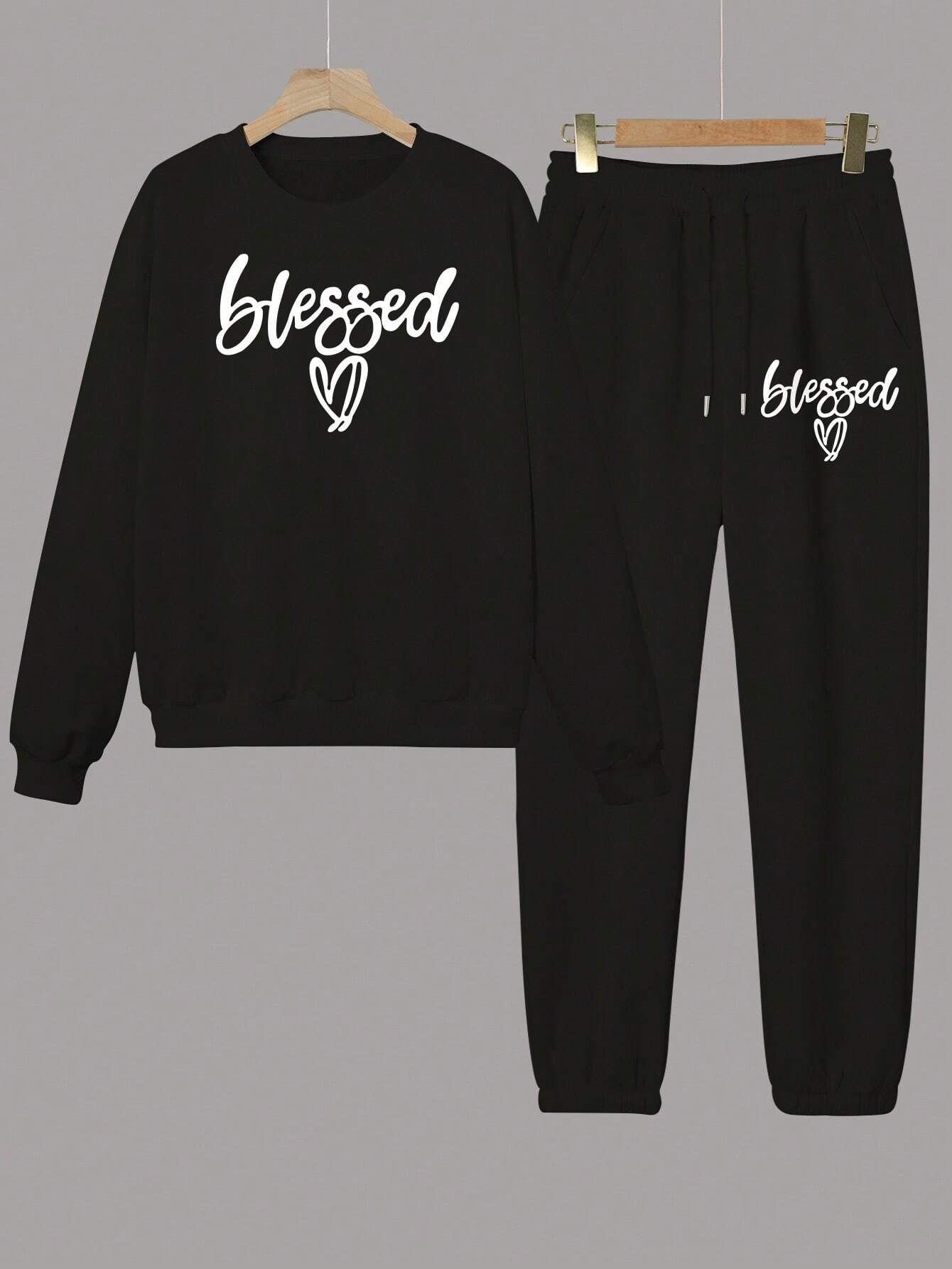 Two-Piece Fashion Warm Plus Fleece Round Neck Sweatshirt + Sports Sweatpants Simple Letter Print