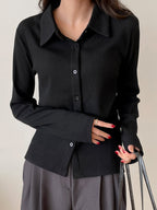 Ribbed Button-Up Shirt - Long Sleeve Collared Knit Blouse, Slim Fit Casual Top
