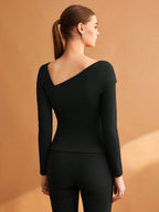 Elastic Ruched Asymmetric Neck Long Sleeve Elegant T-Shirt