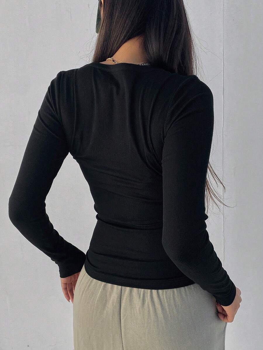 Solid Color Ribbed Slim Fit Long Sleeve T-Shirt