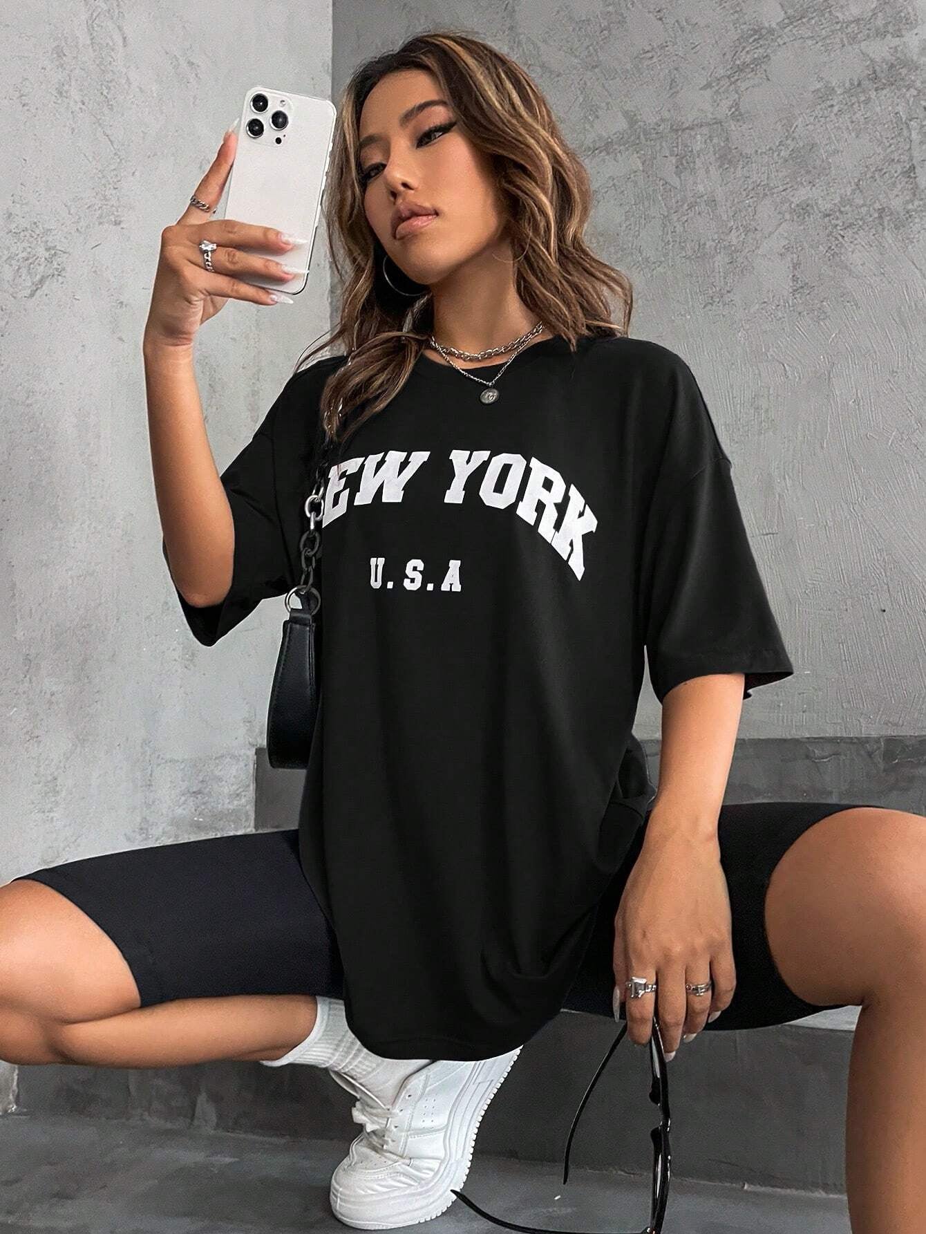 Minimalist English Printed Casual Street Style T-Shirt Graphic Tees Women Tops
