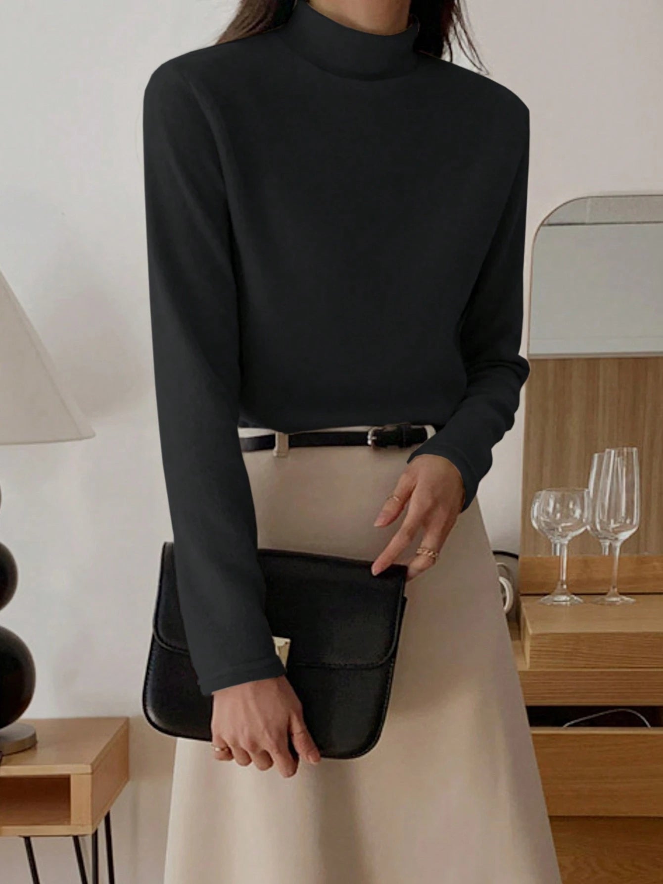 Stand Collar Solid Color T-Shirt Long Sleeve Women Tops