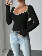 Long Sleeve Slim-Fit Contrast Trim Minimalist Fashion Bodysuit