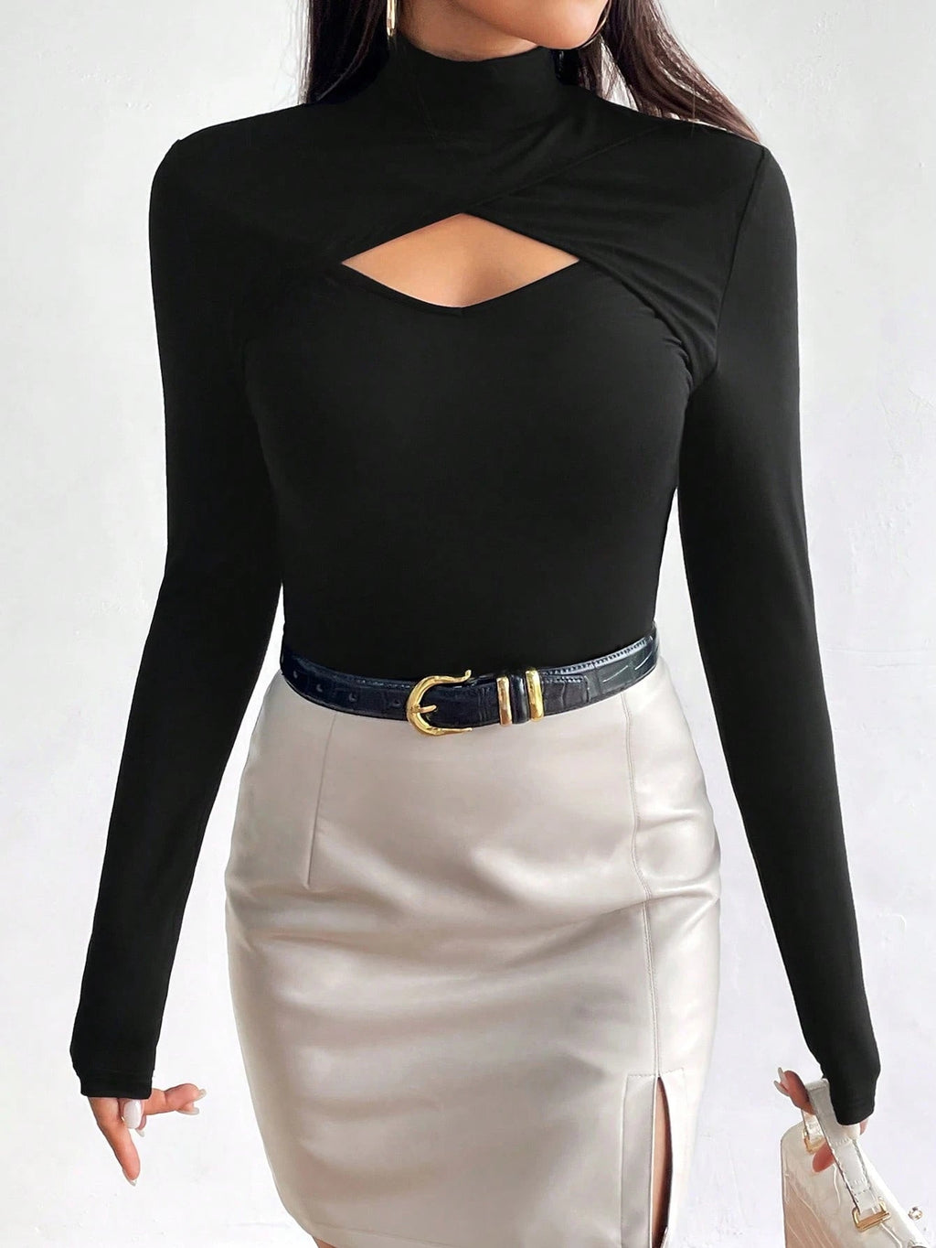 Cut Out Front High Neck Black Tee