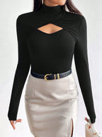Cut Out Front High Neck Black Tee