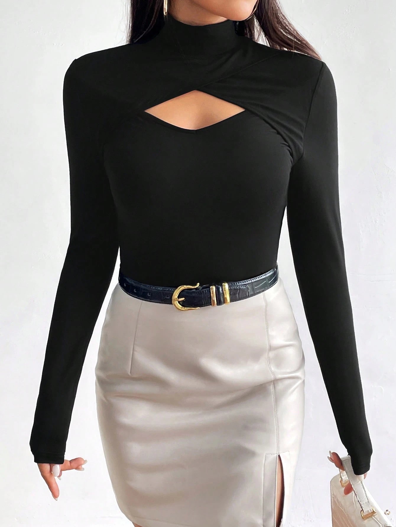 Cut Out Front High Neck Black Tee