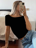 Casual Solid Color Short Sleeve Slim Fit T-Shirt,Halter Top