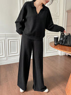 Casual Solid Color Turndown Collar Loose Sweater And Wide Leg Pants 2 Pieces Set