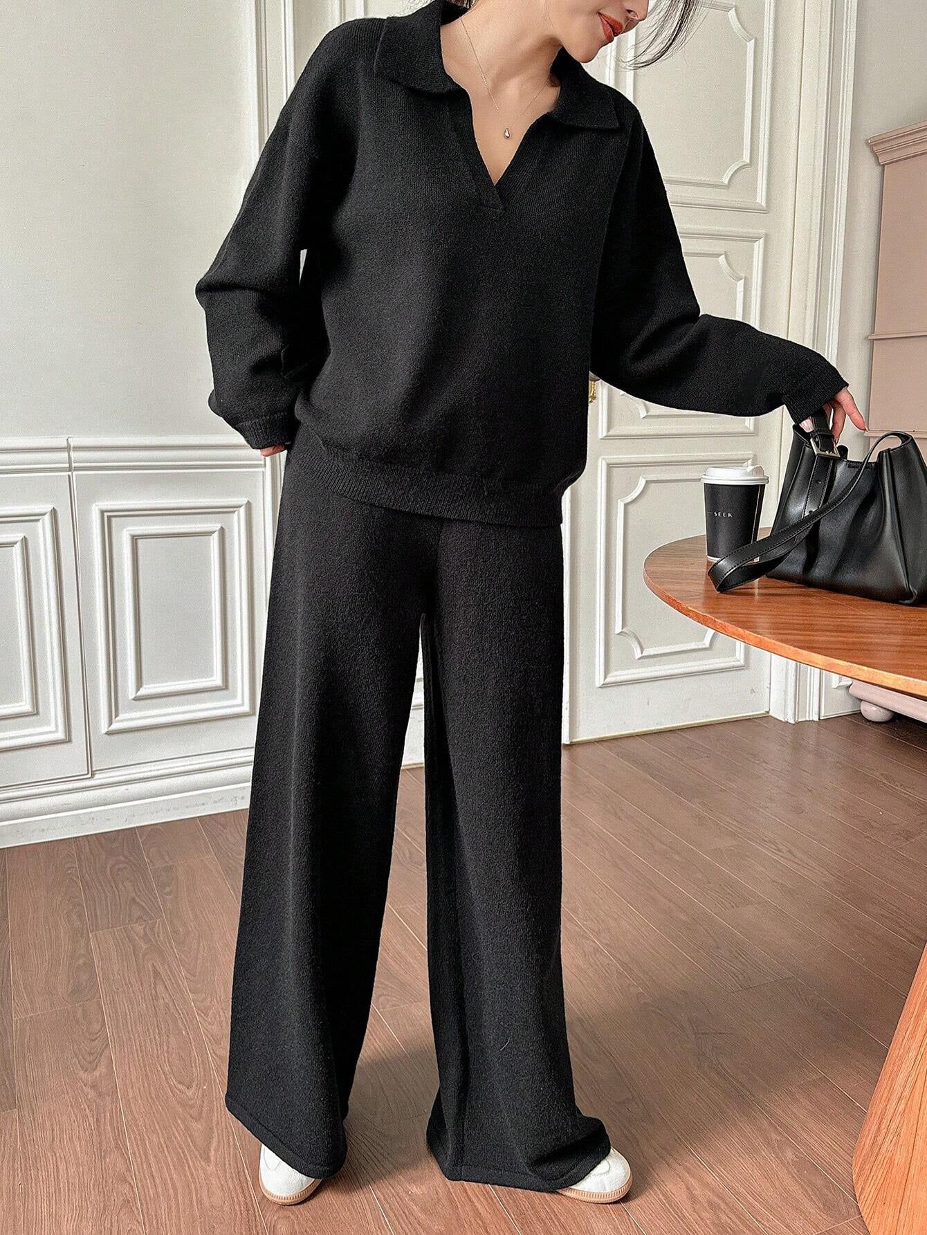 Casual Solid Color Turndown Collar Loose Sweater And Wide Leg Pants 2 Pieces Set