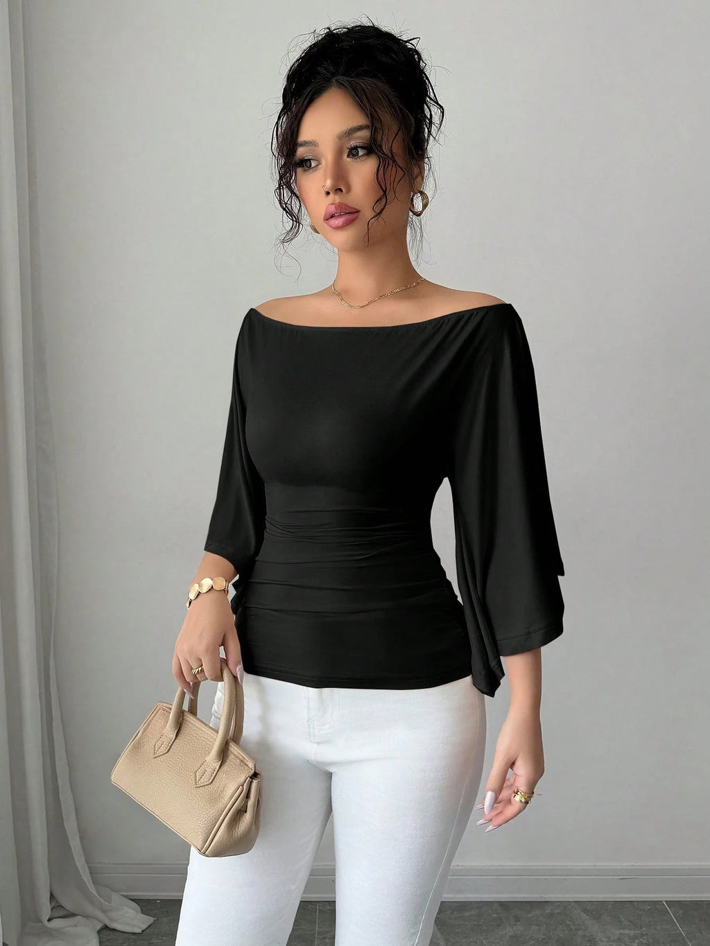 Solid Color Boat Neck Flare Sleeve Knit Fashion T-Shirt