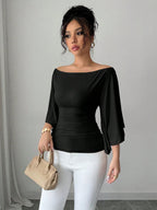 Solid Color Boat Neck Flare Sleeve Knit Fashion T-Shirt