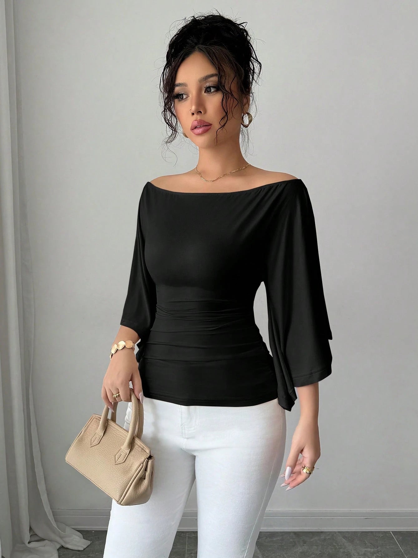 Solid Color Boat Neck Flare Sleeve Knit Fashion T-Shirt