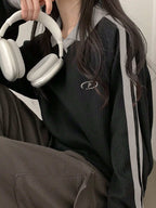 Contrast Color Block Striped Long Sleeve Casual Letter Print Sweatshirt, Collegiate Style, Long Sleeve Tops