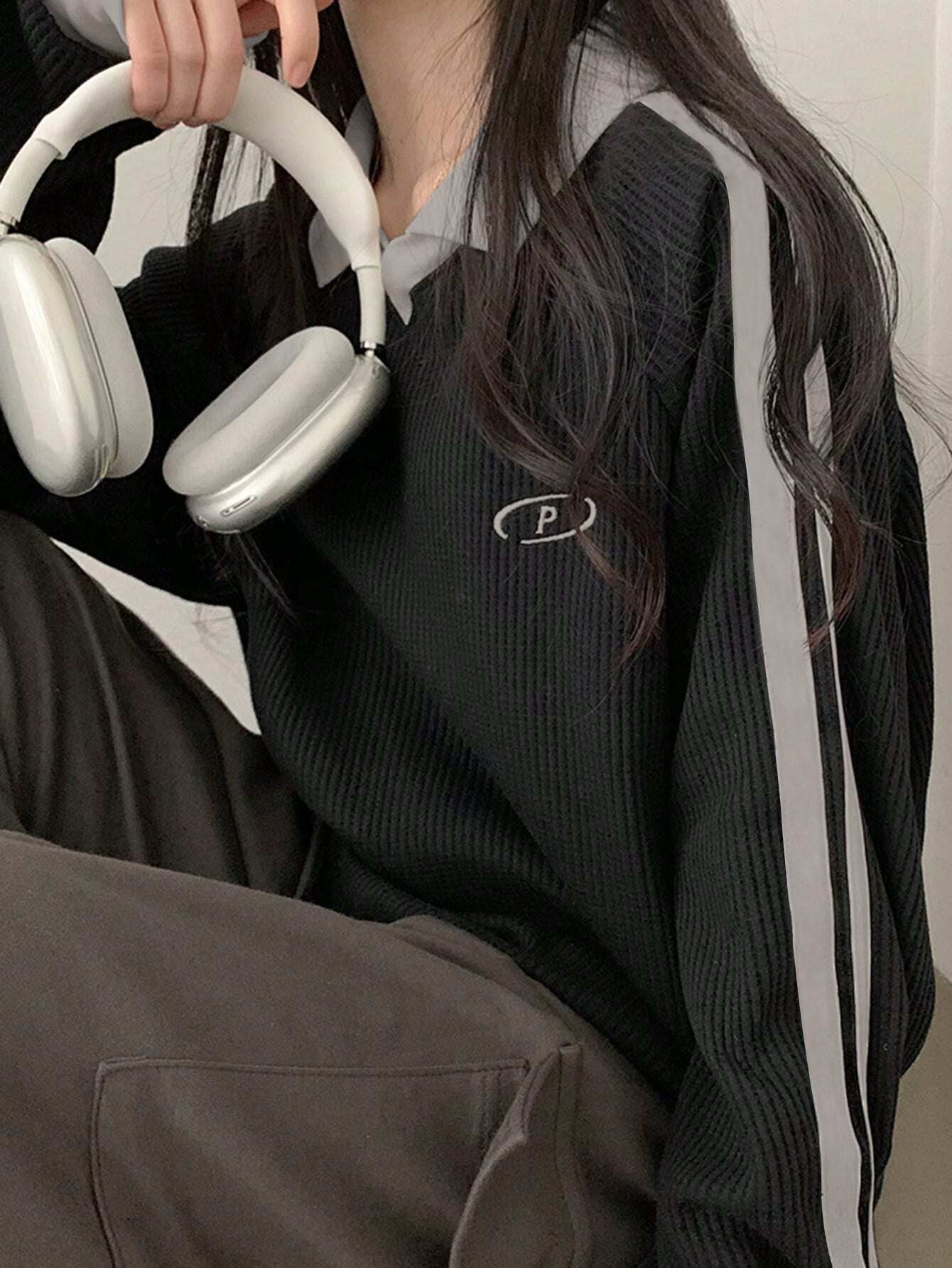 Contrast Color Block Striped Long Sleeve Casual Letter Print Sweatshirt, Collegiate Style, Long Sleeve Tops