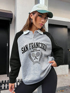 Letter Graphic Contrast Collar Raglan Sleeve Polo Neck Sweatshirt