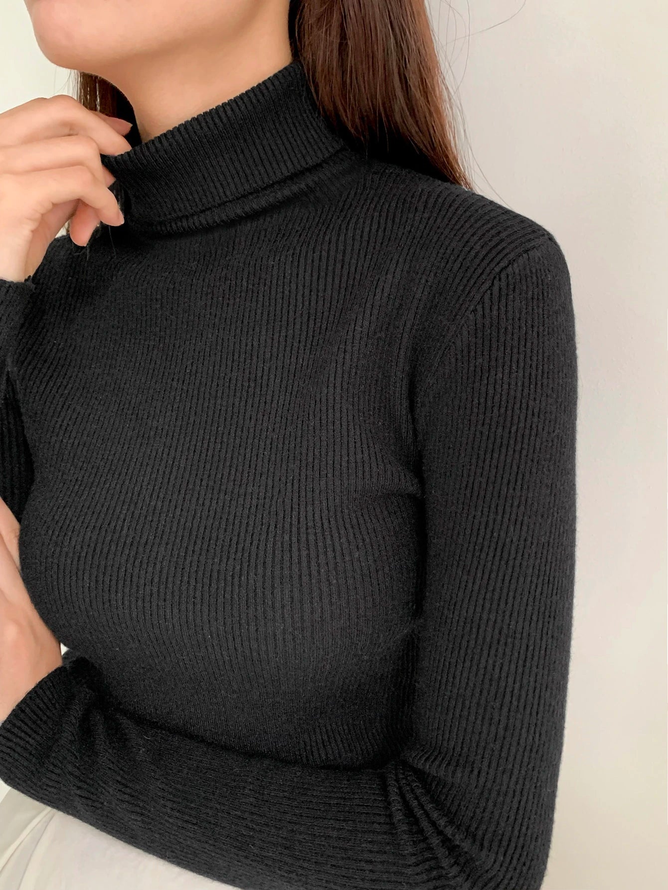 Basic Solid High Neck Long Sleeve Knit Sweater