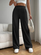 Solid Color High Waist Pockets Straight Loose Casual Pants
