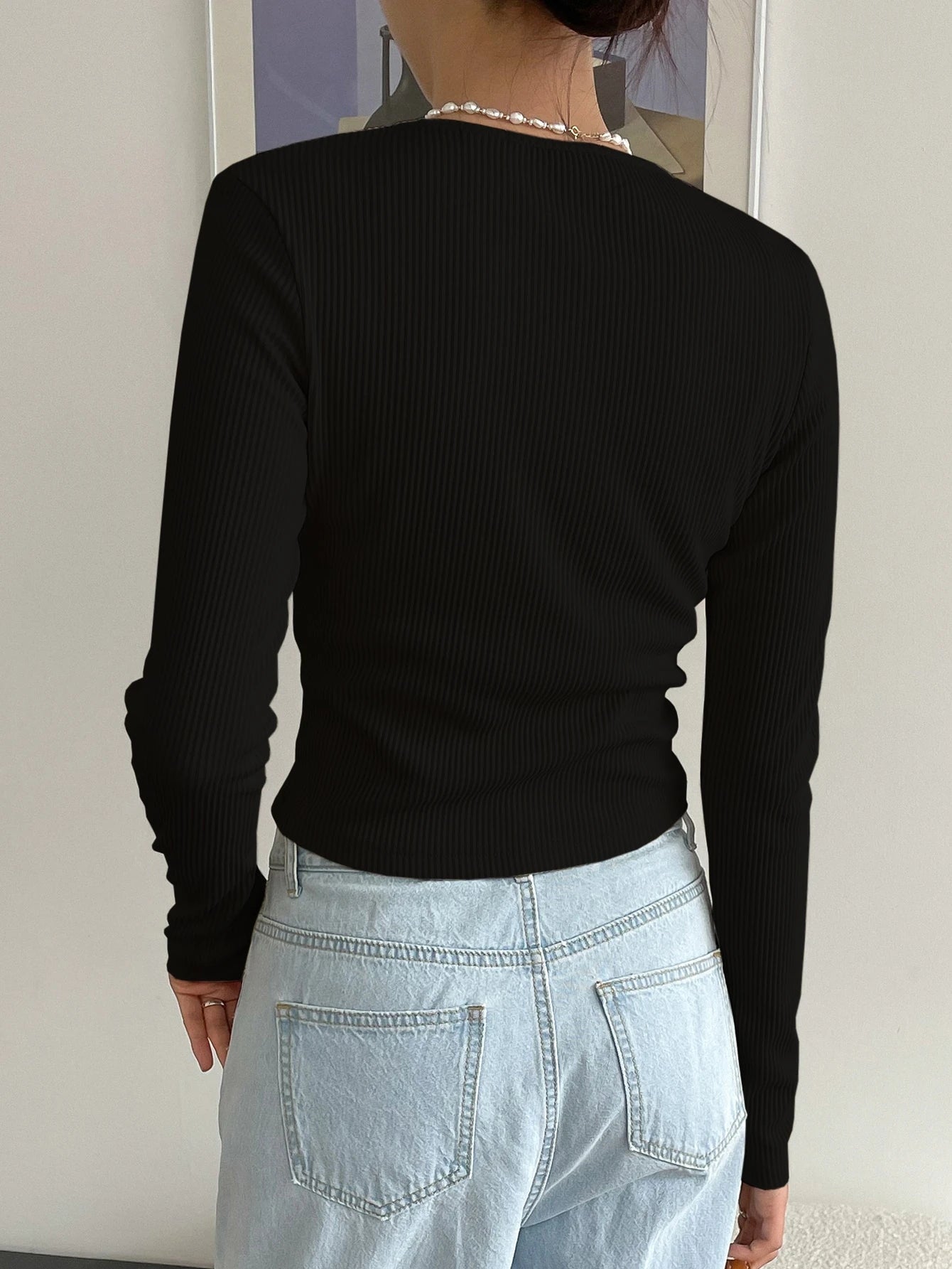 Ribbed Long Sleeve Henley Top - Button Neck Slim Fit Casual Tee
