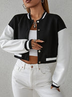 Drop Shoulder Two Tone Crop Varsity Jacket Fall Winter Cloth For Women