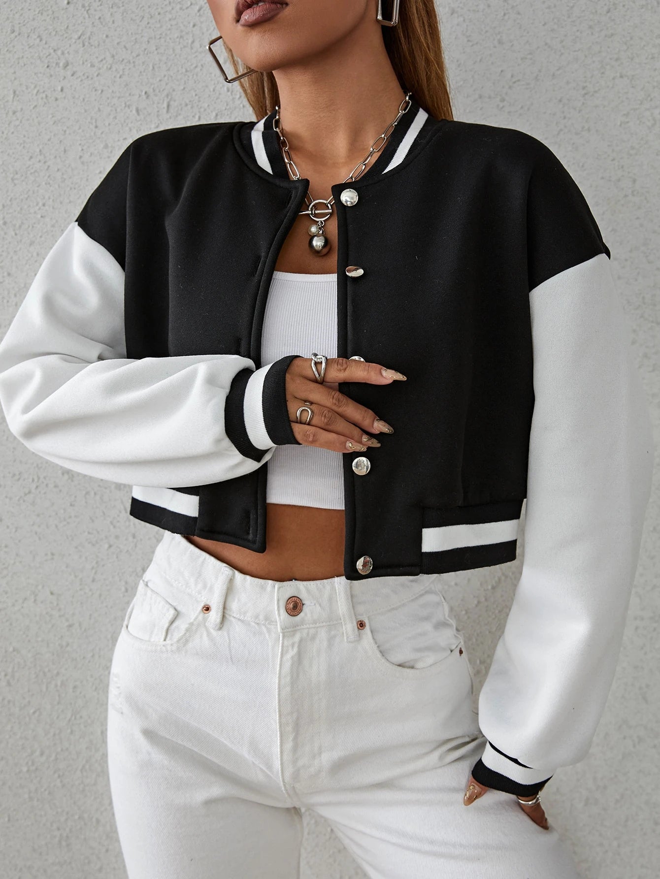 Drop Shoulder Two Tone Crop Varsity Jacket Fall Winter Cloth For Women