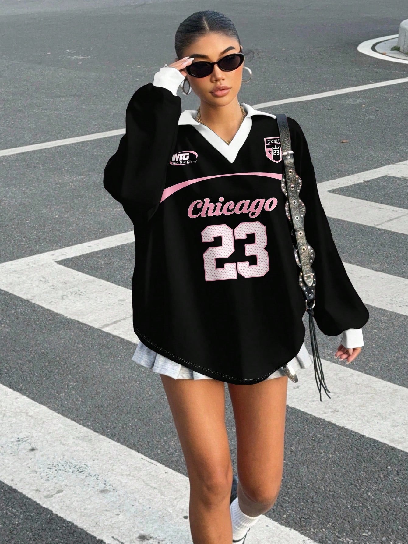 Casual Contrast Color Polo Collar Long Sleeve Loose T-Shirt