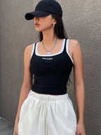 Letter Print Contrast Trim Tight Crop Tank Top With U-Neck For Women