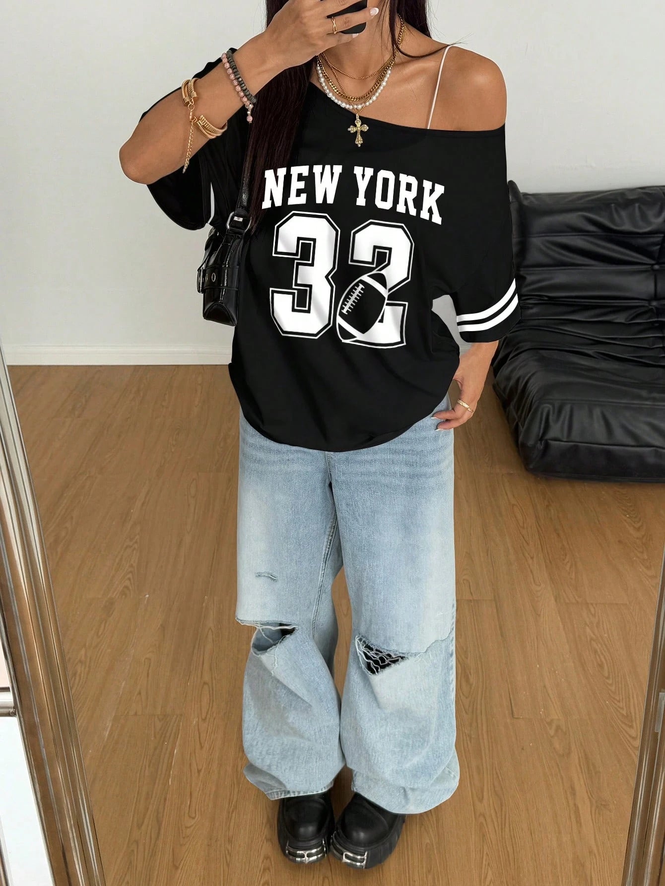Sports Style Black And White Color Matching Slant Shoulder New York English Plus Numbers Rugby Women's T-Shirt