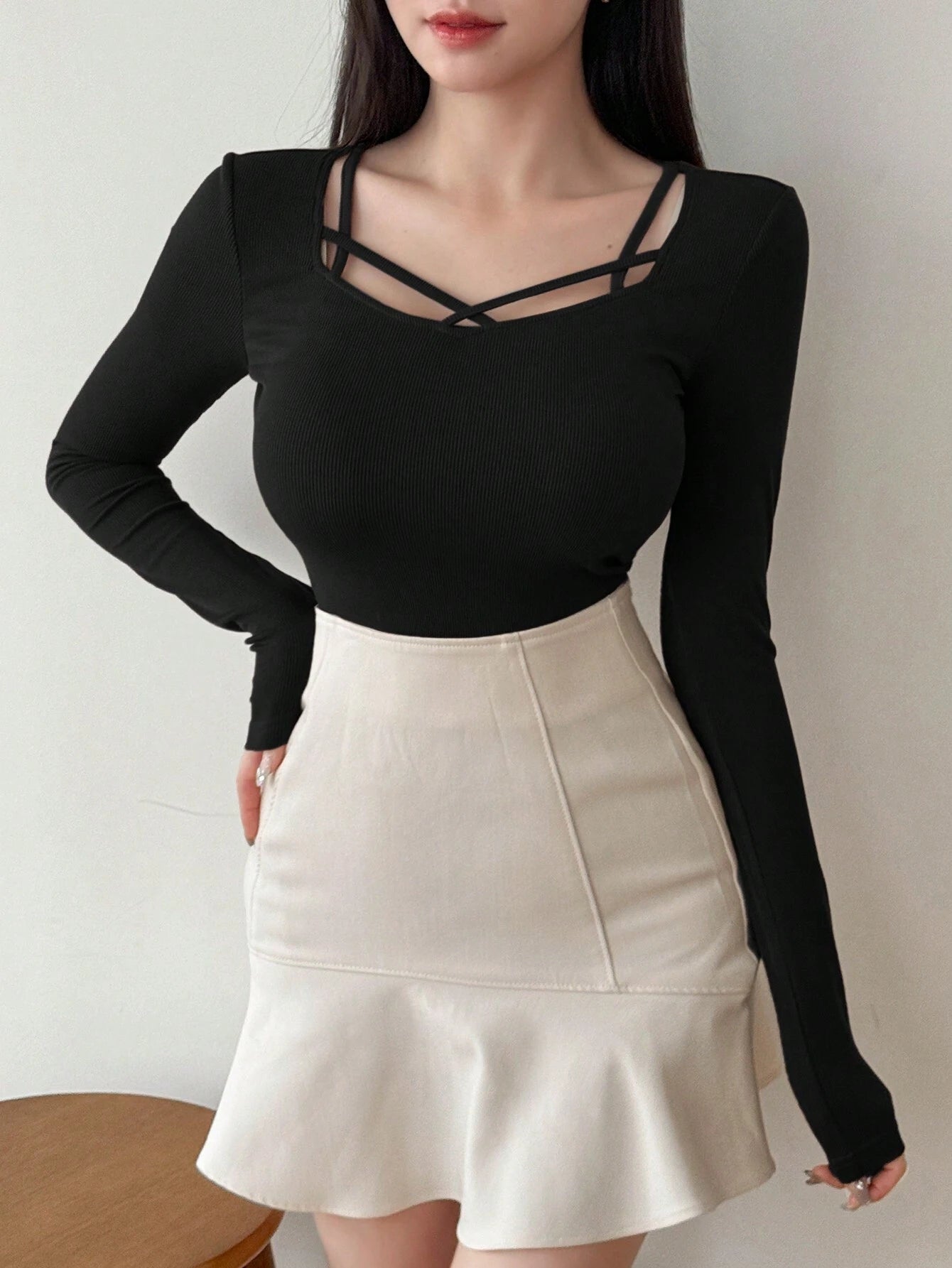 Hollow Out Design Ribbed T-Shirt