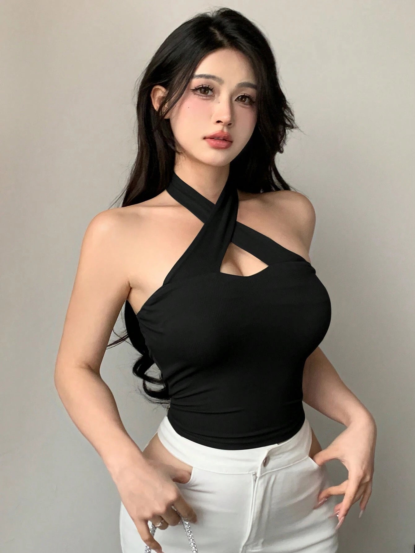 Solid Color Wrapped Halter Neck Slim Fit Tank Top Summer