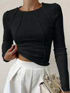 Solid Color Split Half-Length Long-Sleeved Round Neck New Women's Top