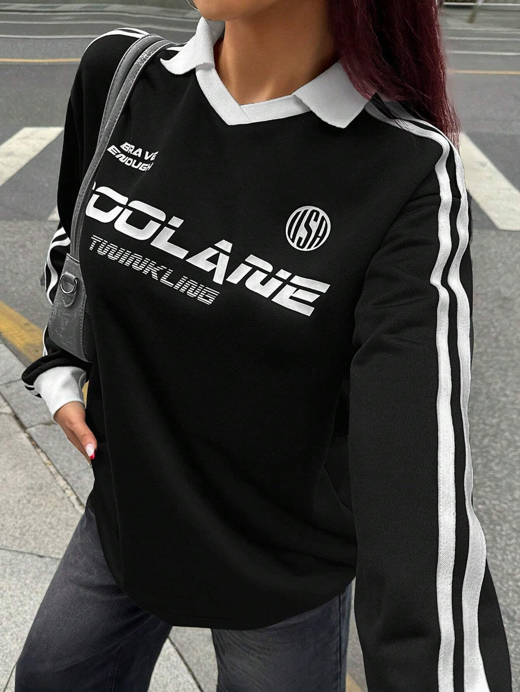 Fall/Winter Casual/Going Out V-Neck Banded Texture Decoration Black Baggy Sport Sweatshirt