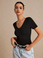 Solid Black Backless Short Sleeve Tee, Effortless Chic Essential, Summer Top