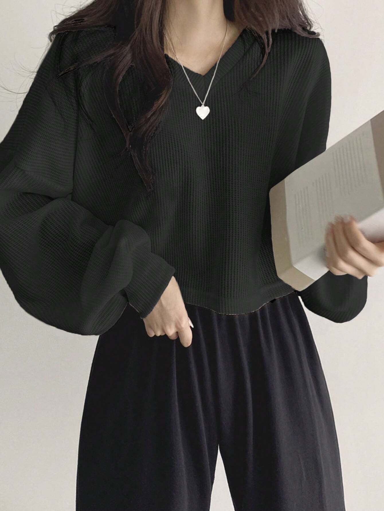 Solid Color V-Neck Dropped Shoulder Long Sleeve Loose Casual T-Shirt