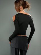 Off Shoulder Long Sleeve Crop Top Cold Shoulder Cutout Design Black Fitted Shirt